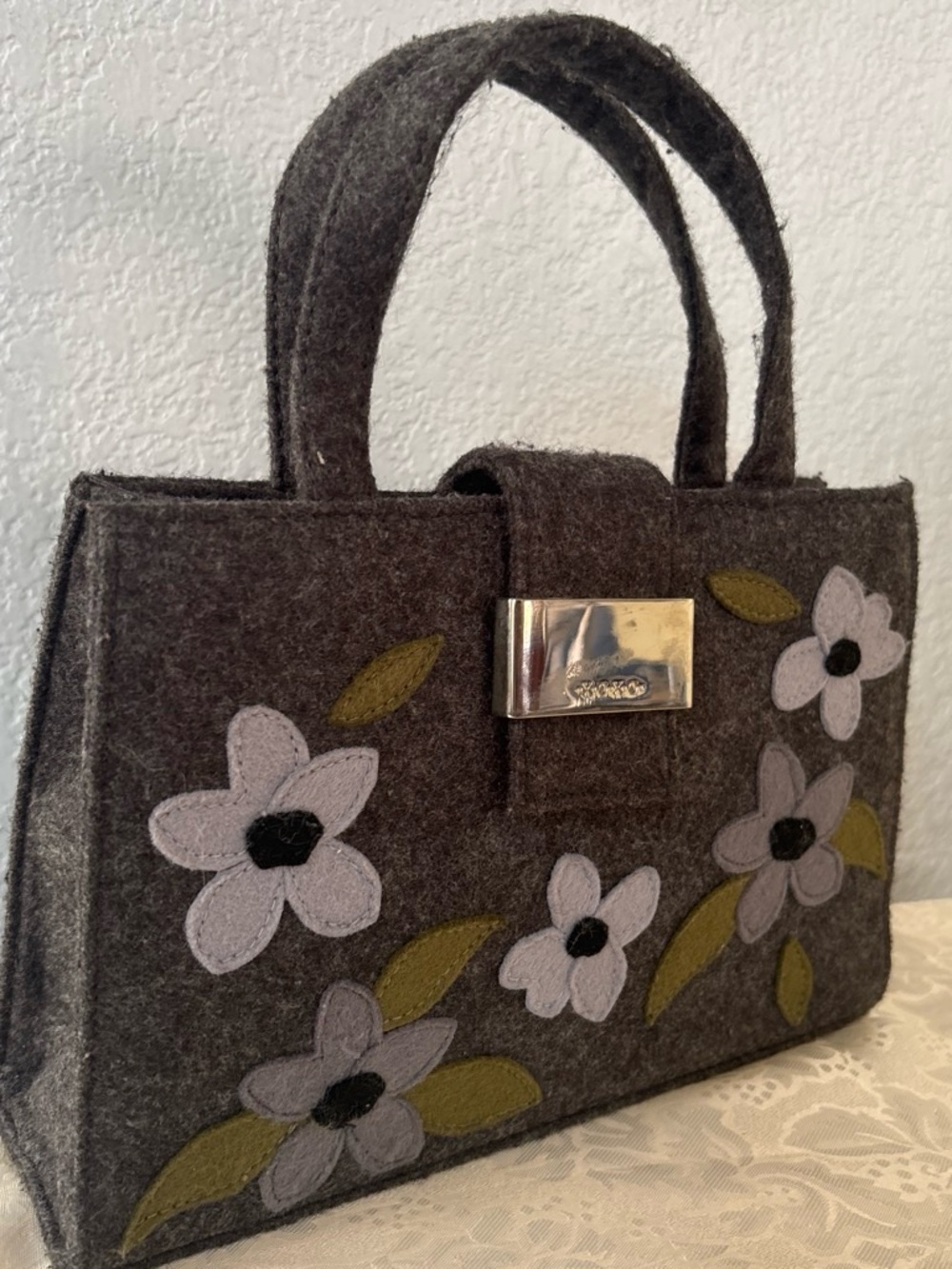 XOXO Gray Felt Floral Shoulder Bag with Olive Accents